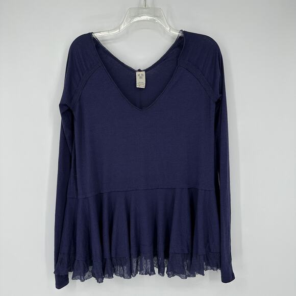 We The Free Sweater Womens XS Purple Peplum Lace Hem Long Sleeve Boho Pullover - Picture 1 of 10